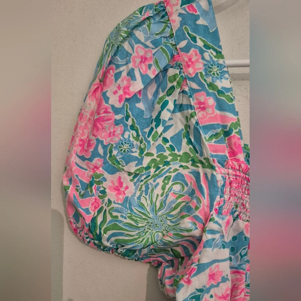 Lilly Pulitzer Keating Linen Pink & Aqua  Puff-Sleeve Square Neck Top SZ.1O - Picture 6 of 10